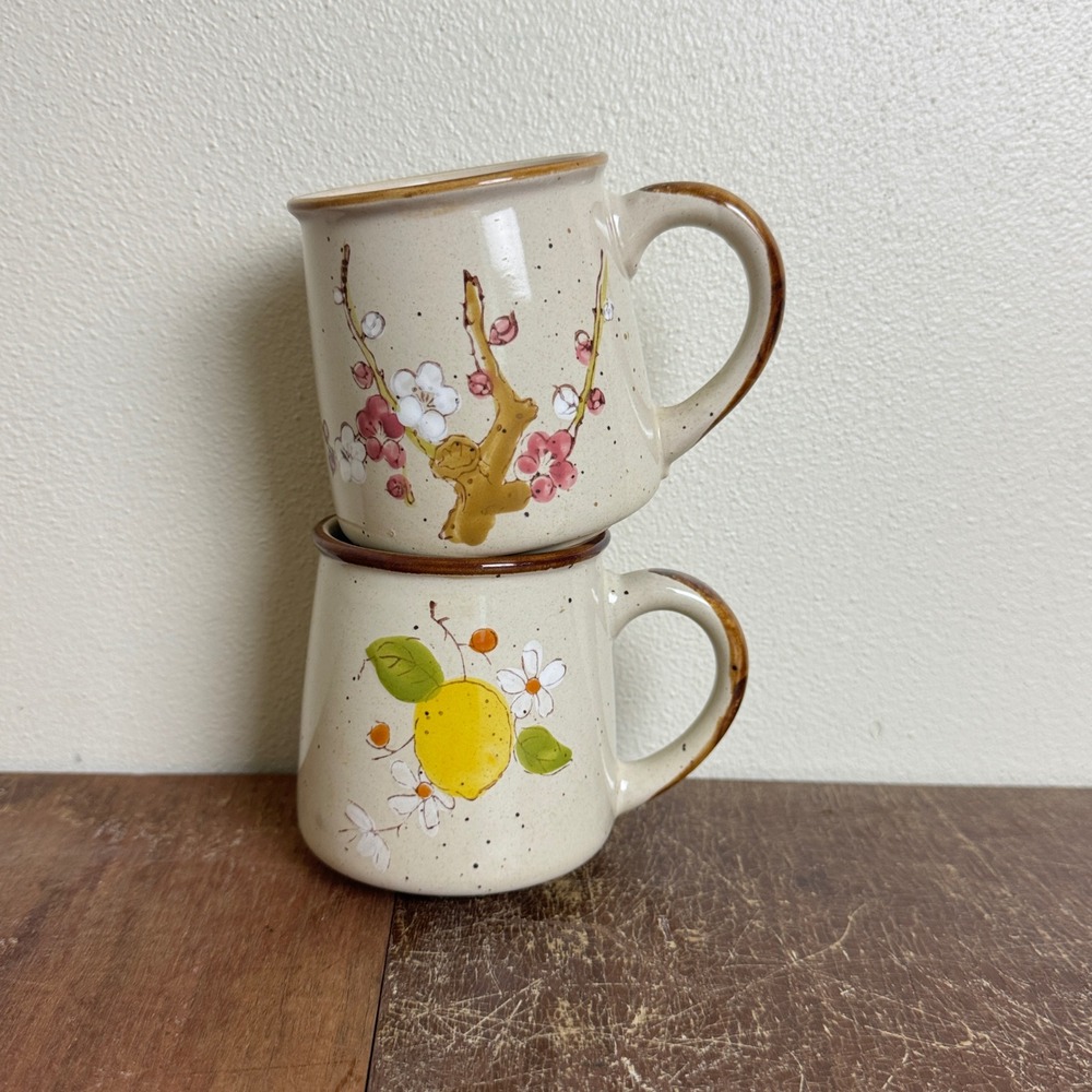 Norleans Coffee Mugs Set of 2 Floral Design Stoneware Korea‎